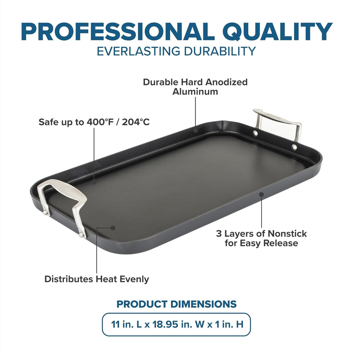 19"x11" Hard‑Anodized Double‑Burner Griddle Pan