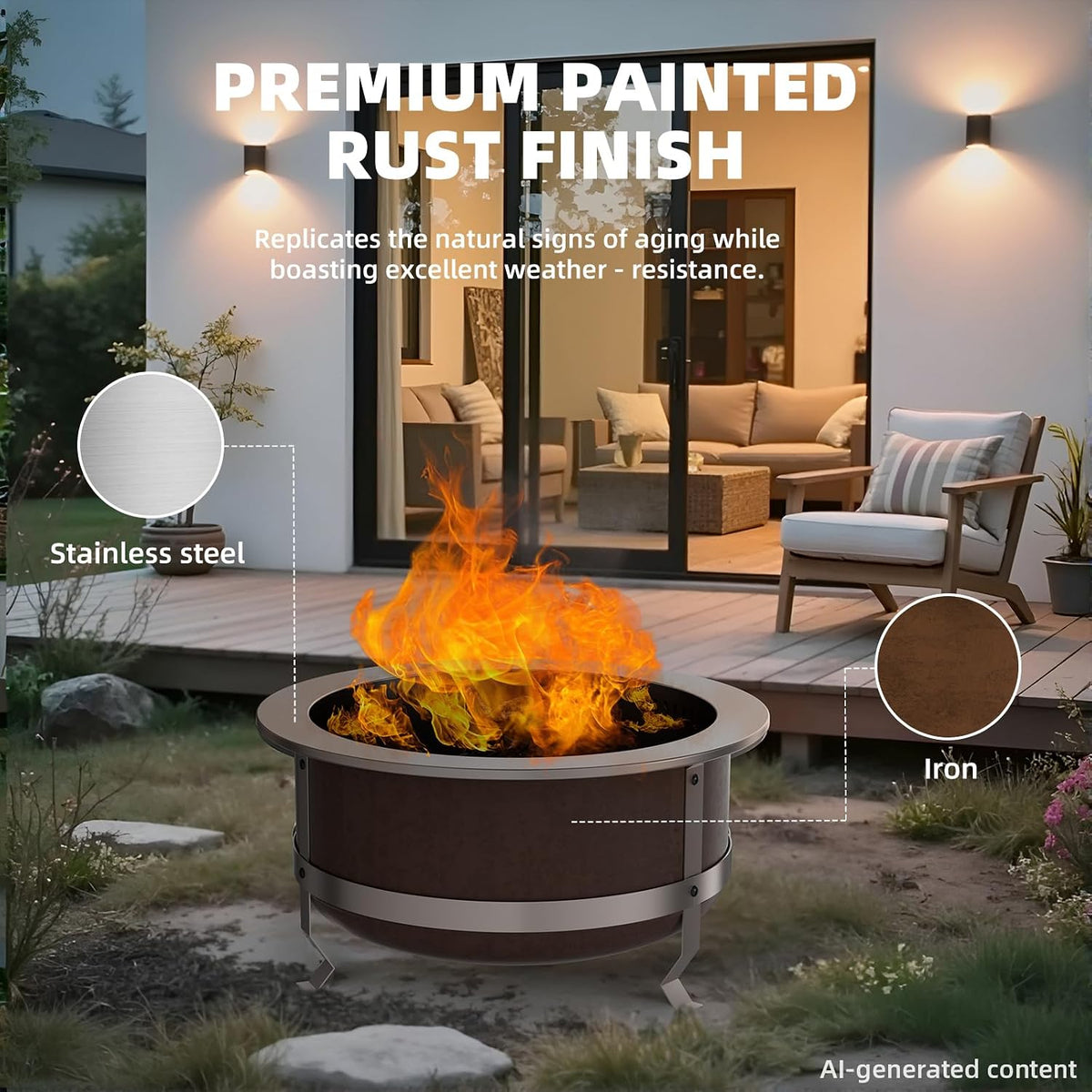 27 Inch Smokeless Wood‑Burning Fire Pit, Rust Finish