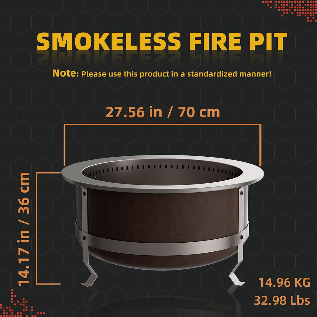 27 Inch Smokeless Wood‑Burning Fire Pit, Rust Finish