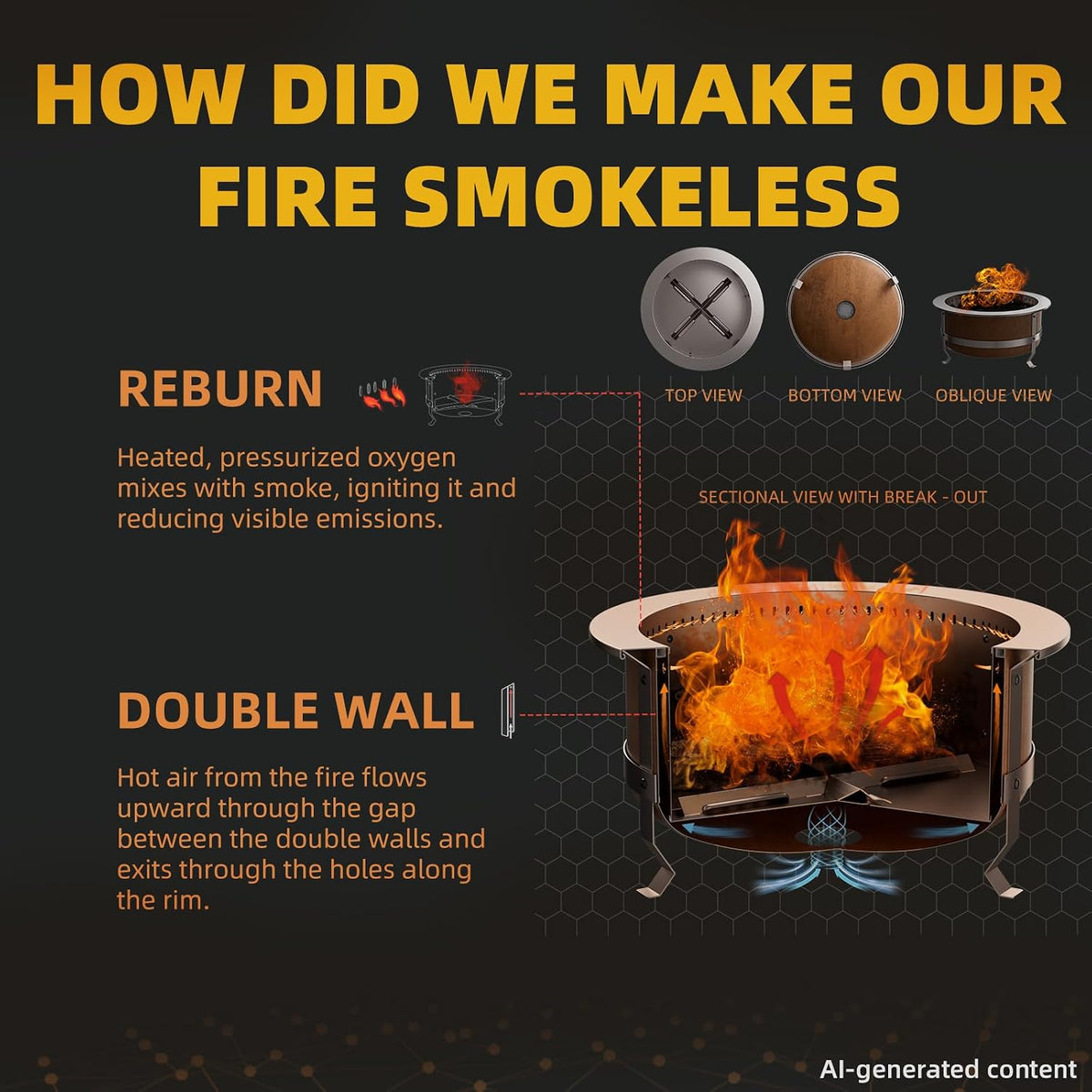 27 Inch Smokeless Wood‑Burning Fire Pit, Rust Finish